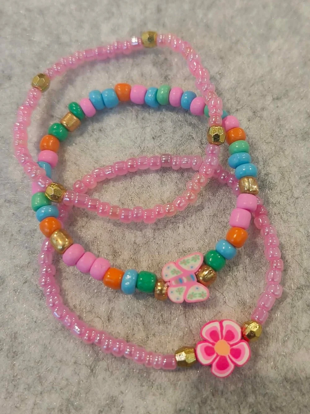 Kids Pink Beaded Bracelet Set with Flower & Butterfly Charms